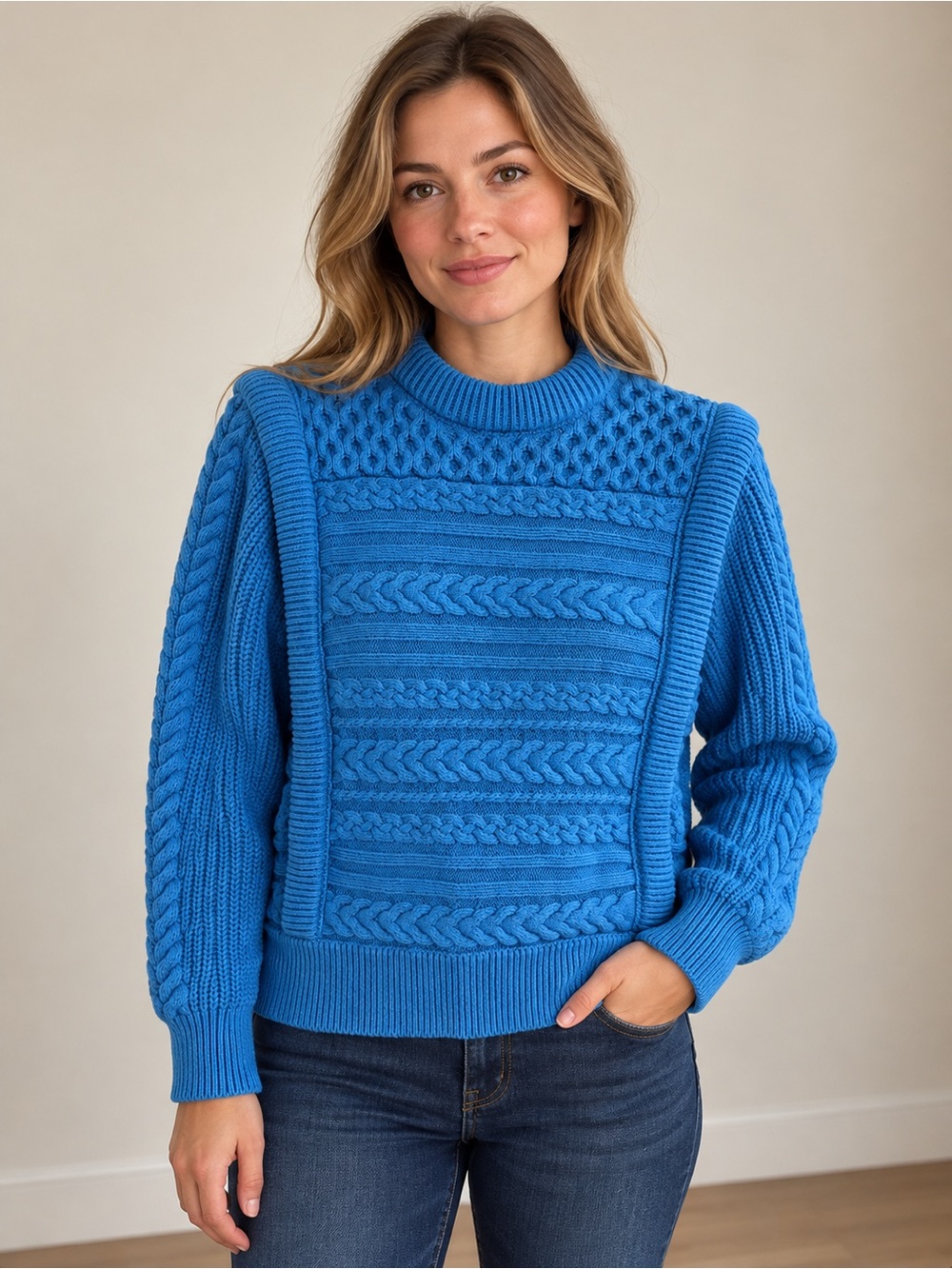 Y.A.S Blue Chunky Cable Knit High Neck Sweater Size S Colorful Preppy Cabincore